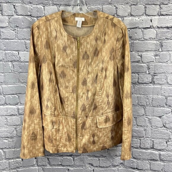 Chico's Size 1 M 8 Gold Collarless Zip Front Jacket Linen Cotton Blend - Picture 3 of 6